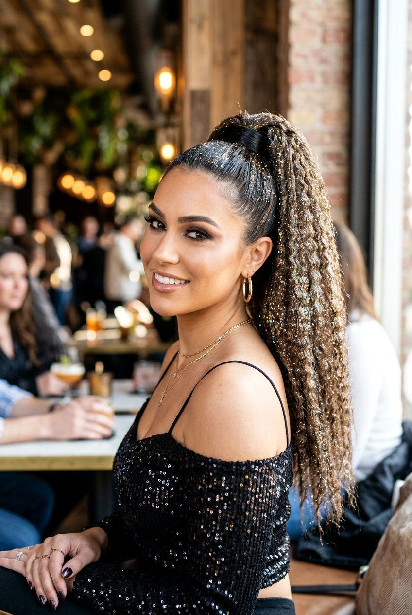 Crimped Glitter Ponytail - 20 birthday hairstyle with glitter ponytail - 20 birthday hairstyle with glitter ponytail