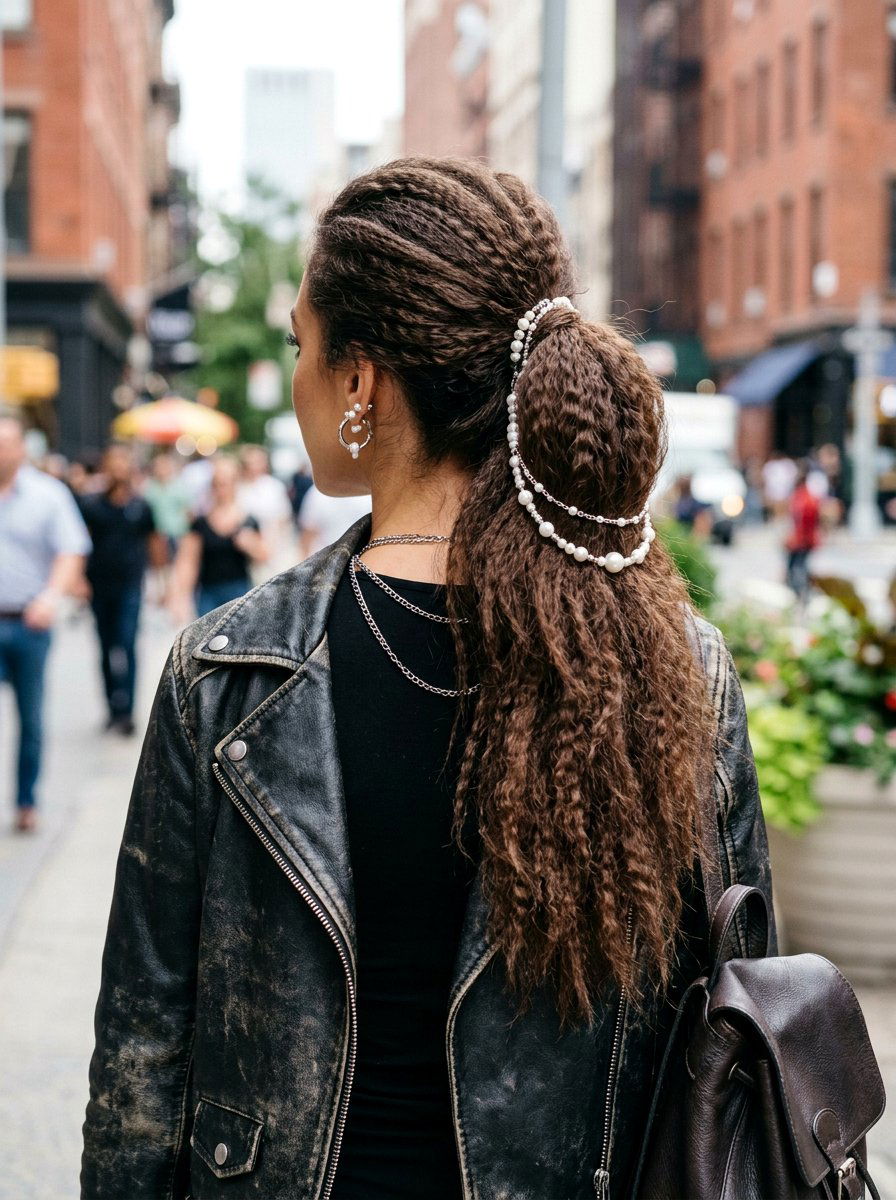 Crimped Texture Pearl Ponytail - 20 party hairstyle with pearl ponytail - 20 party hairstyle with pearl ponytail