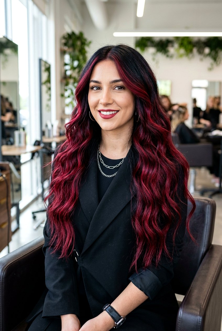 Crimson Balayage on Black Hair - 20 red balayage on black hair - 20 red balayage on black hair