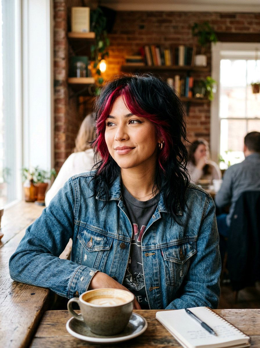 Crimson Red Money Piece Black Shag Haircut - 20 red money piece for black hair - 20 red money piece for black hair