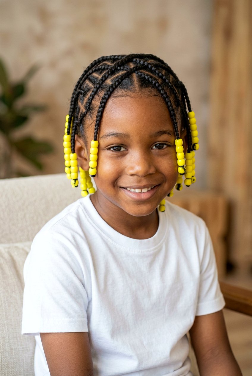 Criss Cross Boys Cornrows With Yellow Beads - 20 boys cornrows with beads - 20 boys cornrows with beads