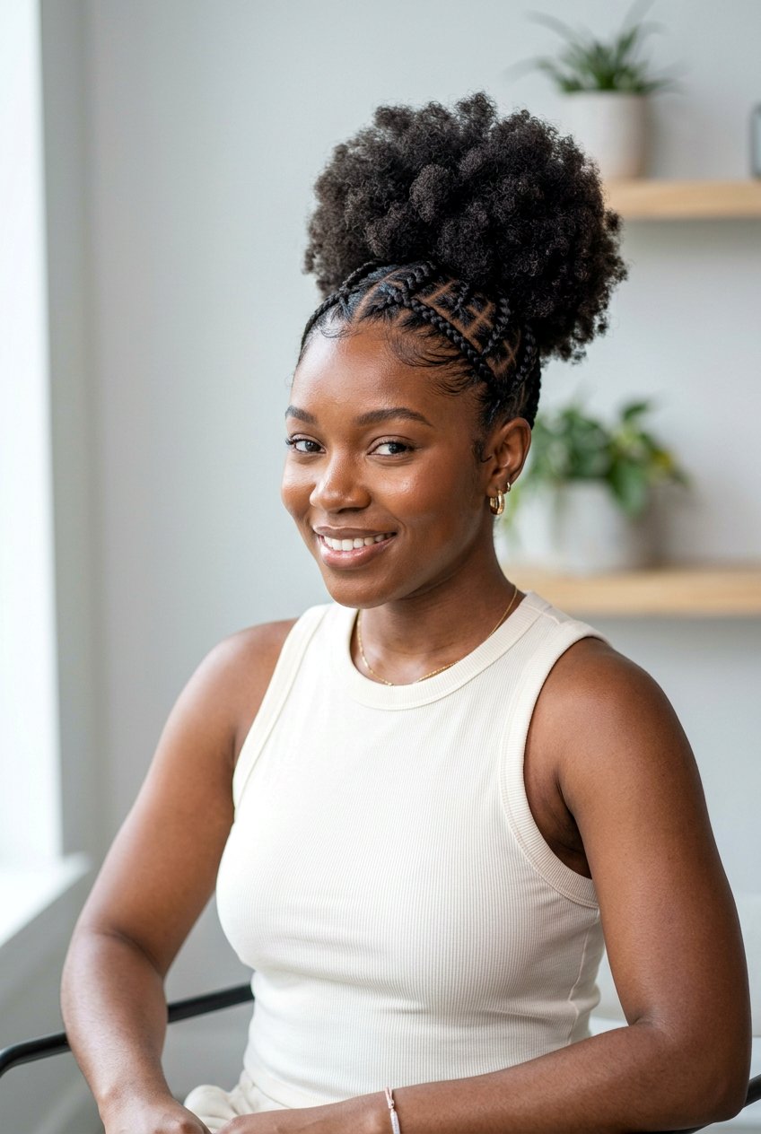 Criss Cross Braids With Afro Puff - 20 afro puff with braids in front - 20 afro puff with braids in front