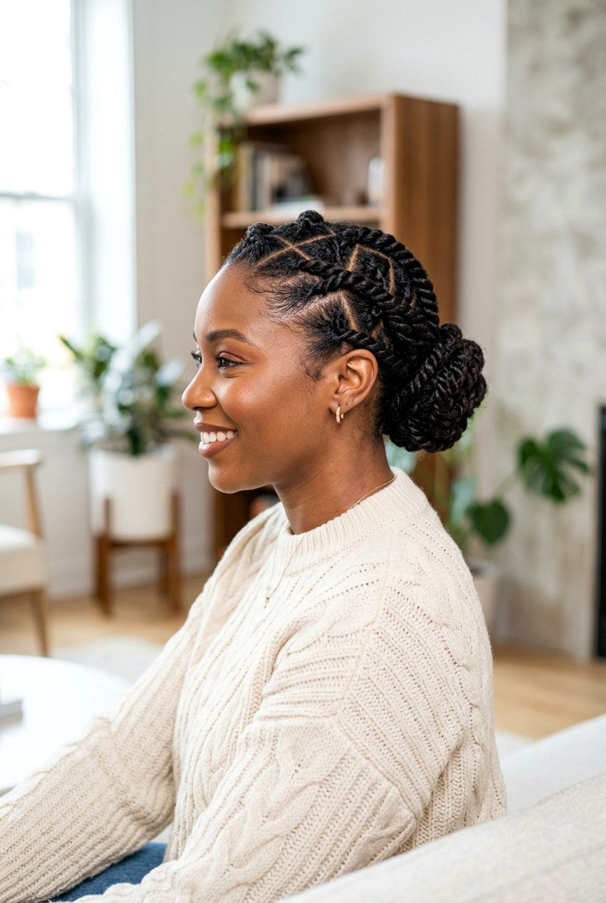 Criss Cross Flat Twist Bun - 20 flat twists into bun hairstyle - 20 flat twists into bun hairstyle