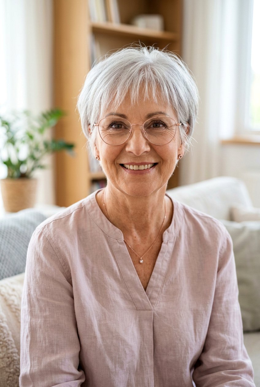 Cropped hair with wispy bangs - 20 hairstyles for women with glasses over 60 - 20 hairstyles for women with glasses over 60