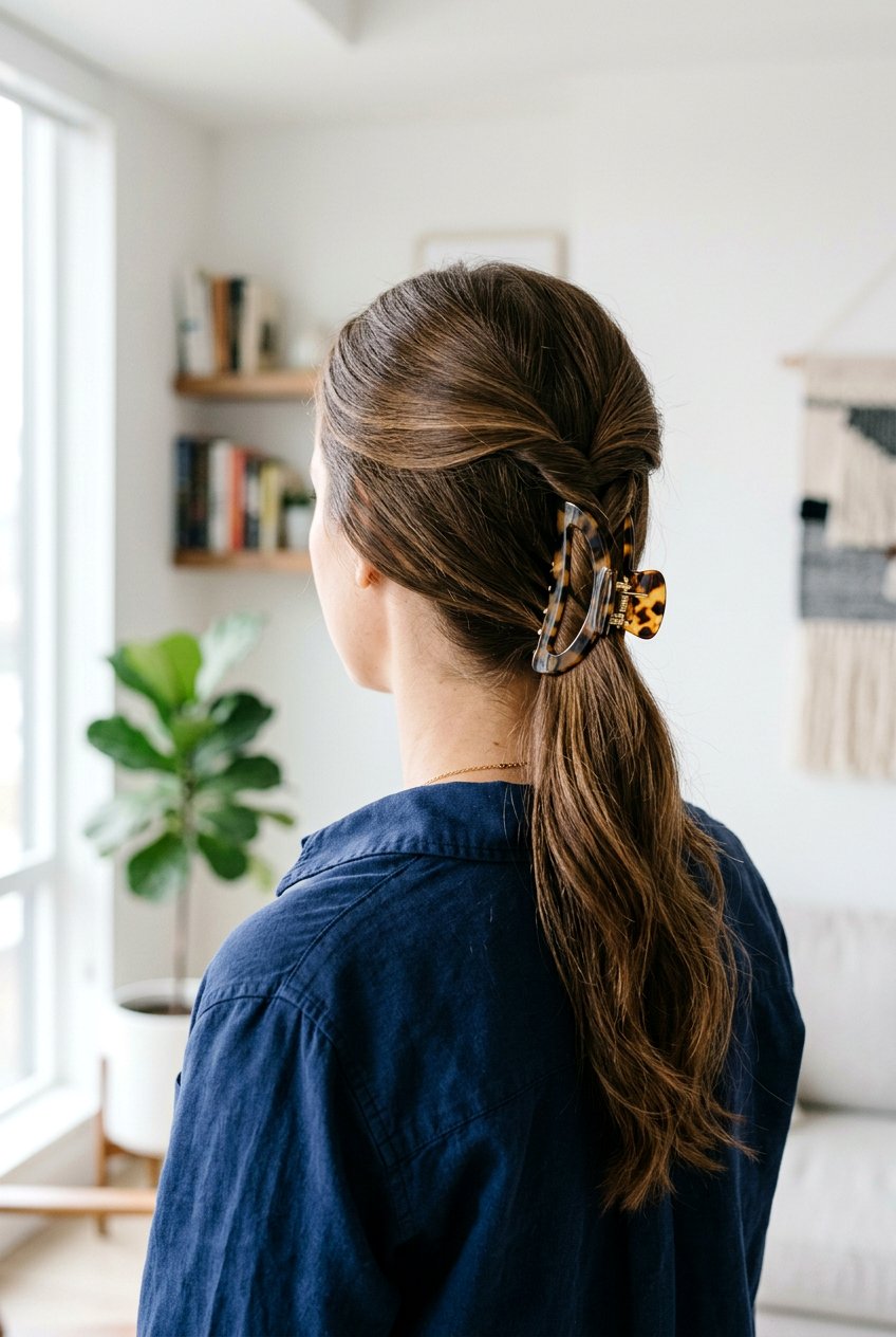 Cross Over Ponytail Twist - 20 easy claw clip hairstyles for medium hair - 20 easy claw clip hairstyles for medium hair