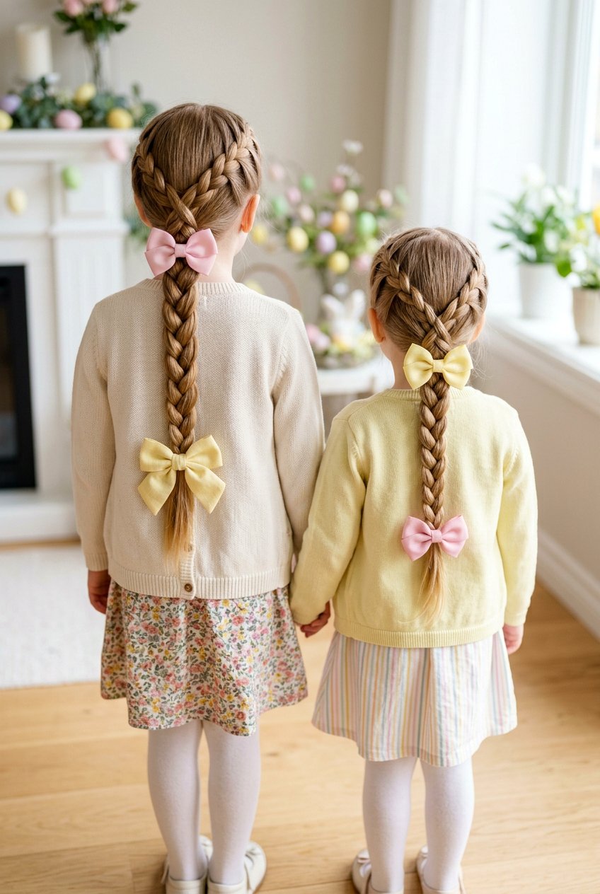 Crossed Back Braids With Bows - 20 easter hairstyles for little girls with bows - 20 easter hairstyles for little girls with bows
