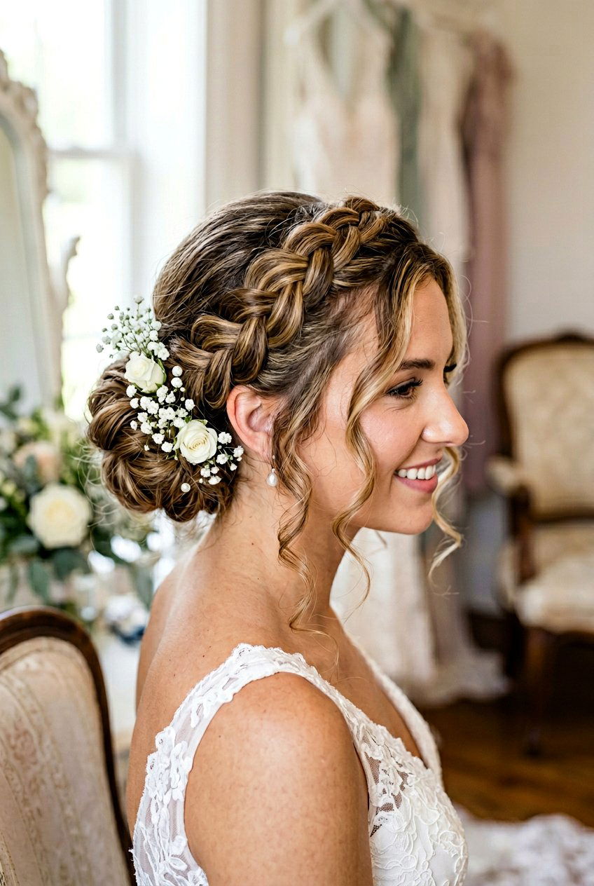 Crown Braid Bun With Curly Tendrils - 20 bridal bun with curls in front - 20 bridal bun with curls in front