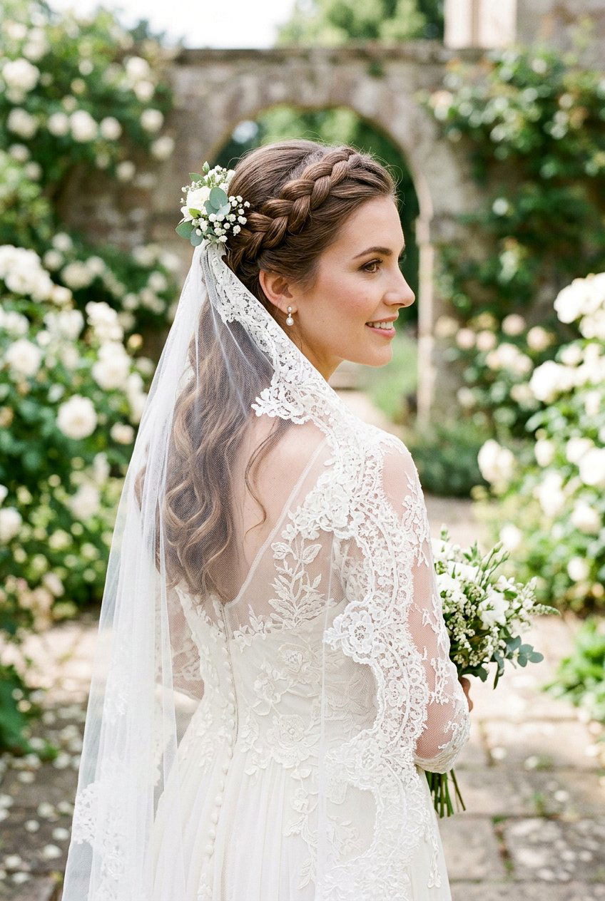 Crown Braid Half Up With Mantilla Veil - 20 bridal half up braid with veil - 20 bridal half up braid with veil