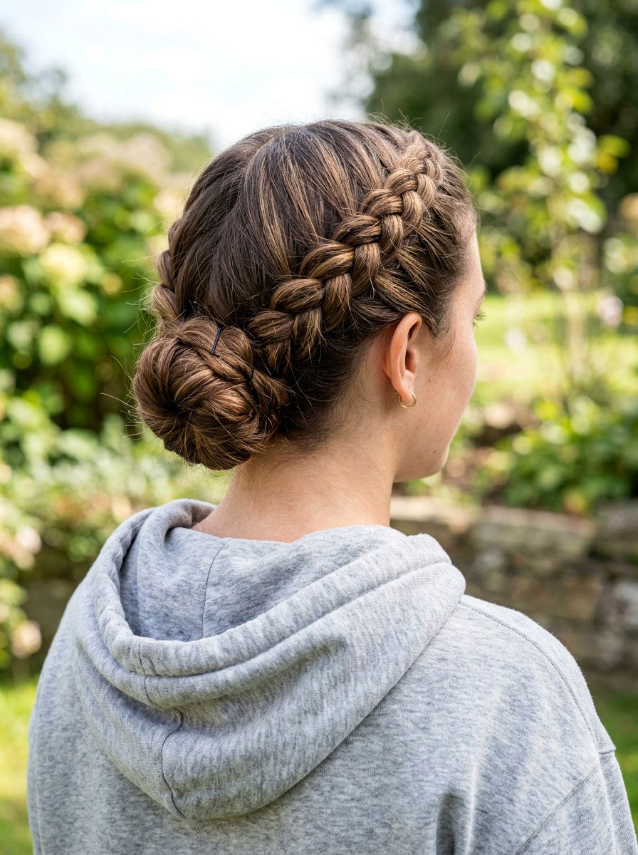 Crown Braid Into Low Bun - 20 gym hairstyle with low braid bun - 20 gym hairstyle with low braid bun