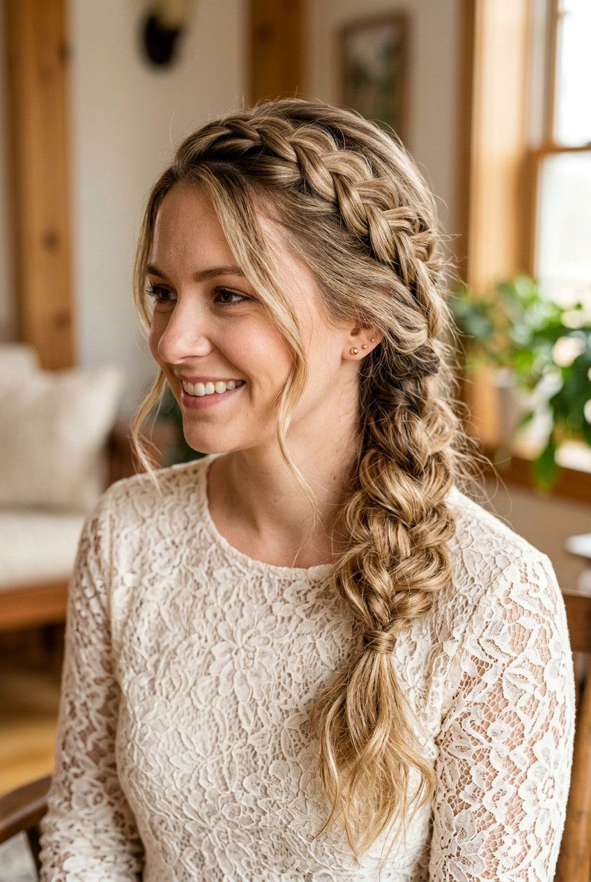 Crown Braid Into Messy Side Braid - 20 beach hairstyle with messy side braid - 20 beach hairstyle with messy side braid