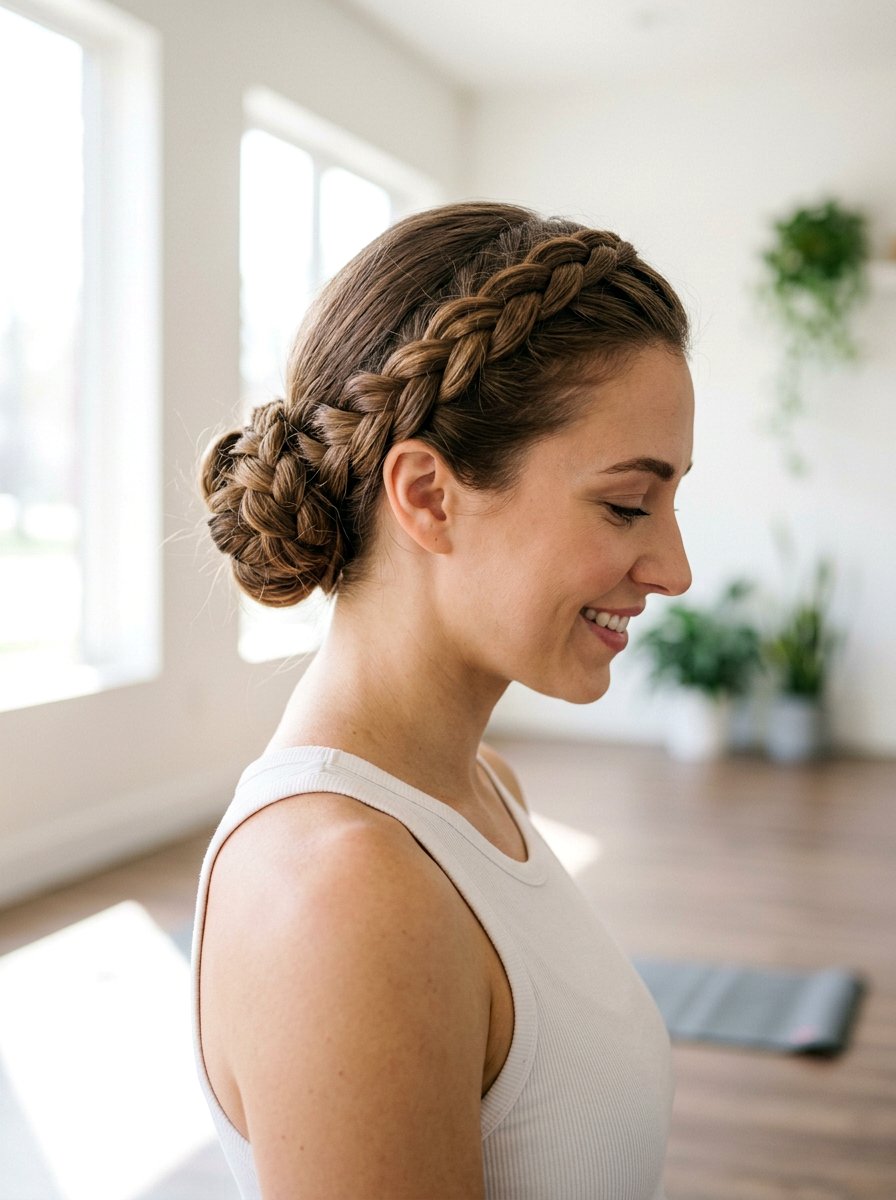 Crown Braid Low Bun - 20 yoga hairstyle with low bun - 20 yoga hairstyle with low bun