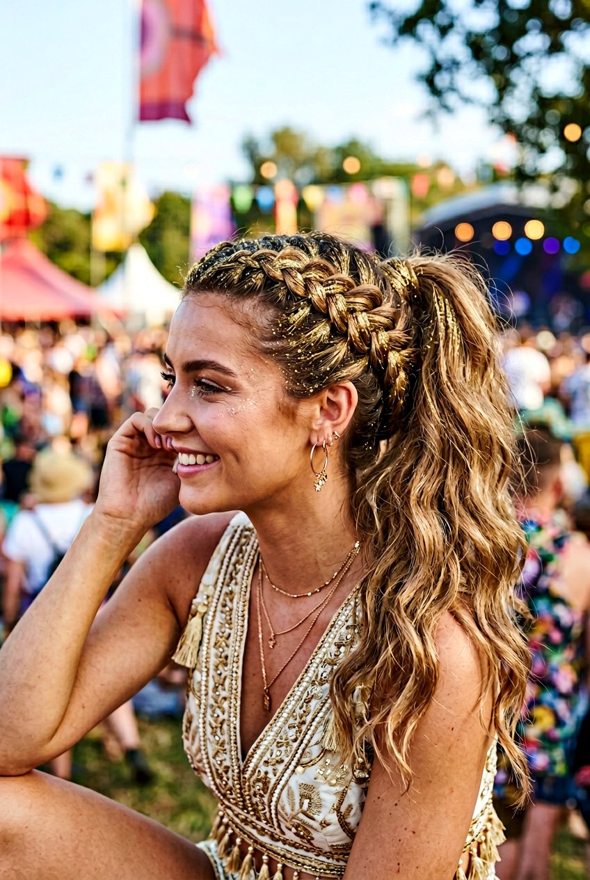 Crown Braid Ponytail With Glitter Highlights - 20 festival braid ponytail with glitter - 20 festival braid ponytail with glitter