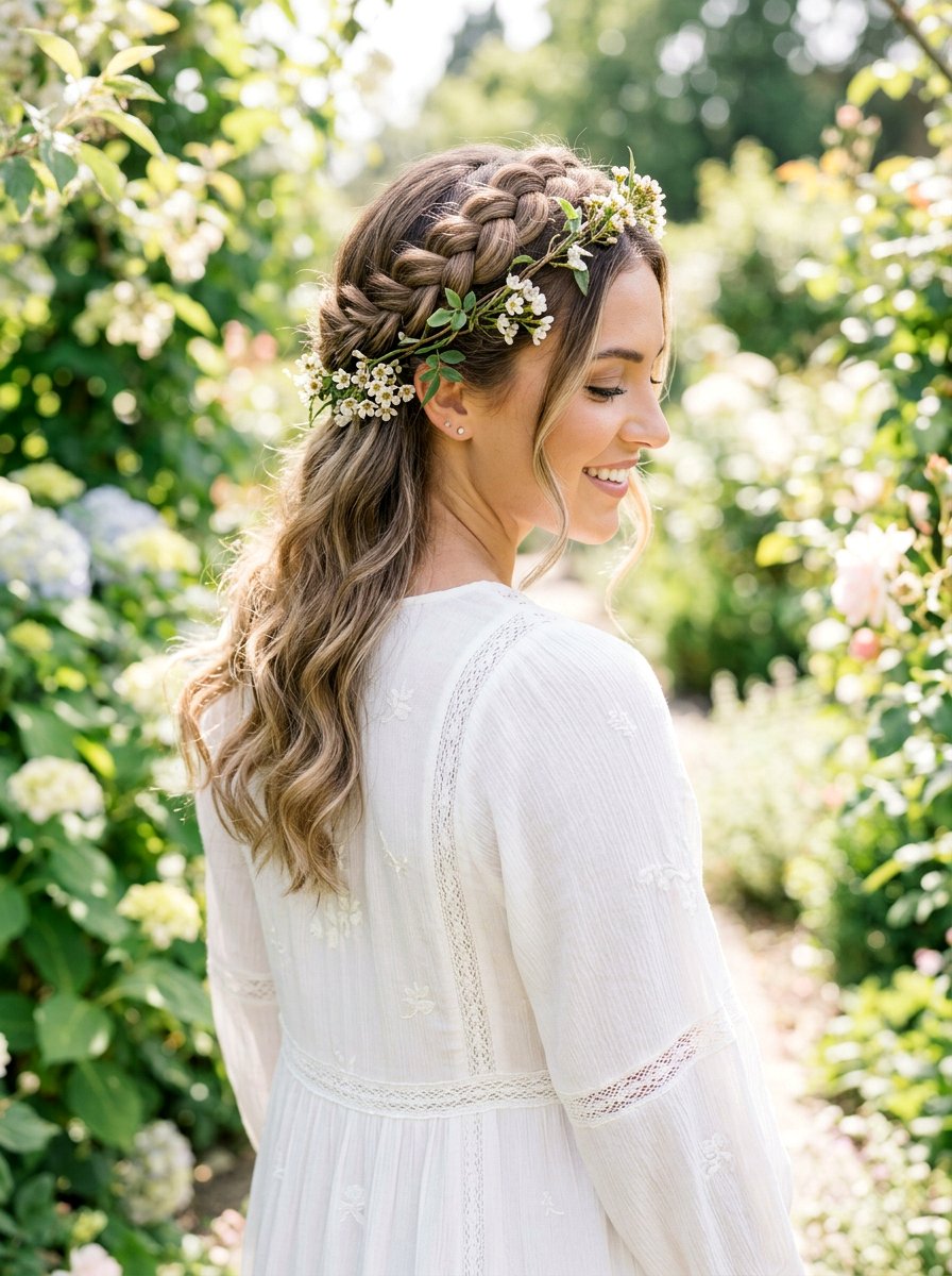 Crown Braid Soft Waves With Floral Vine - 20 soft waves with flower clips - 20 soft waves with flower clips