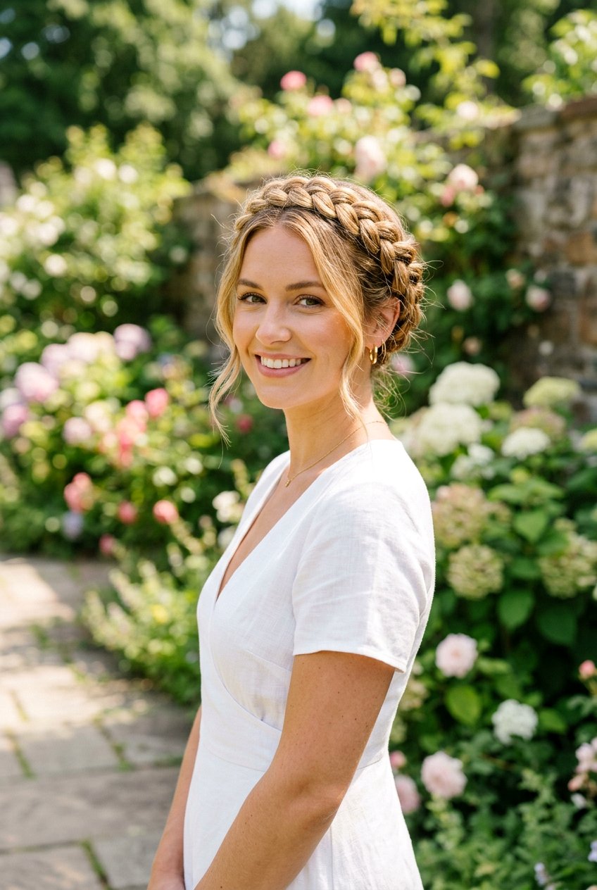 Crown Braid Updo - 20 bridal hairstyle for minimalist wedding - 20 bridal hairstyle for minimalist wedding