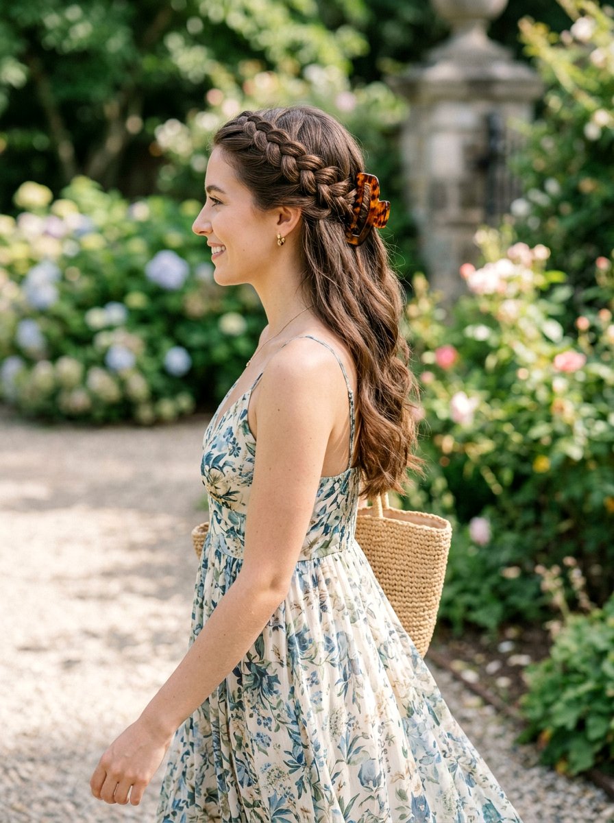 Crown Braid With Claw Clip - 20 claw clip hairstyle for beach vacation - 20 claw clip hairstyle for beach vacation