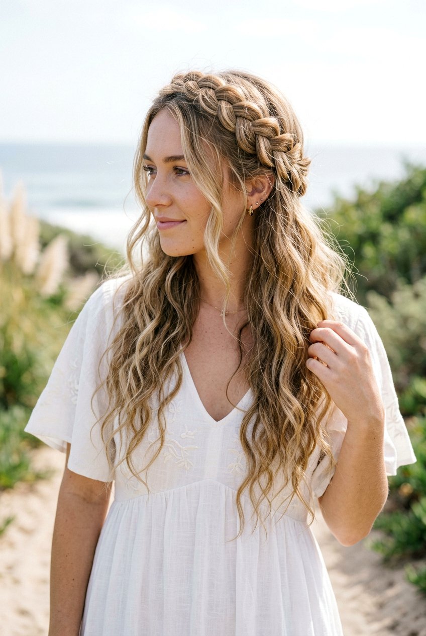 Crown Braid With Loose Beach Waves - 20 beach hairstyle with saltwater waves - 20 beach hairstyle with saltwater waves
