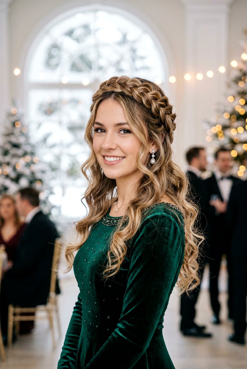 Crown Braid With Loose Curls - 20 festive curls hairstyle - 20 festive curls hairstyle
