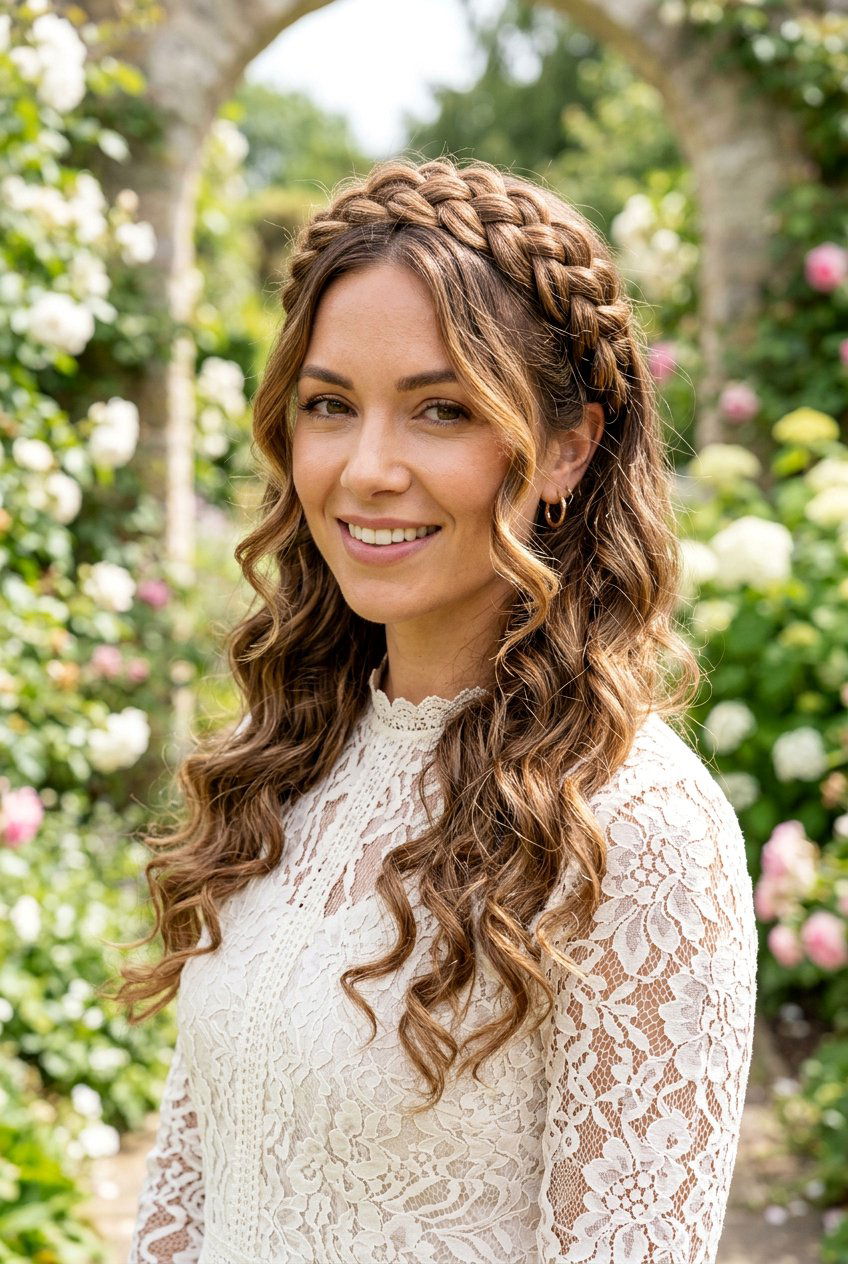 Crown Braid With Loose Curls - 20 beach hairstyle for vacation photos - 20 beach hairstyle for vacation photos