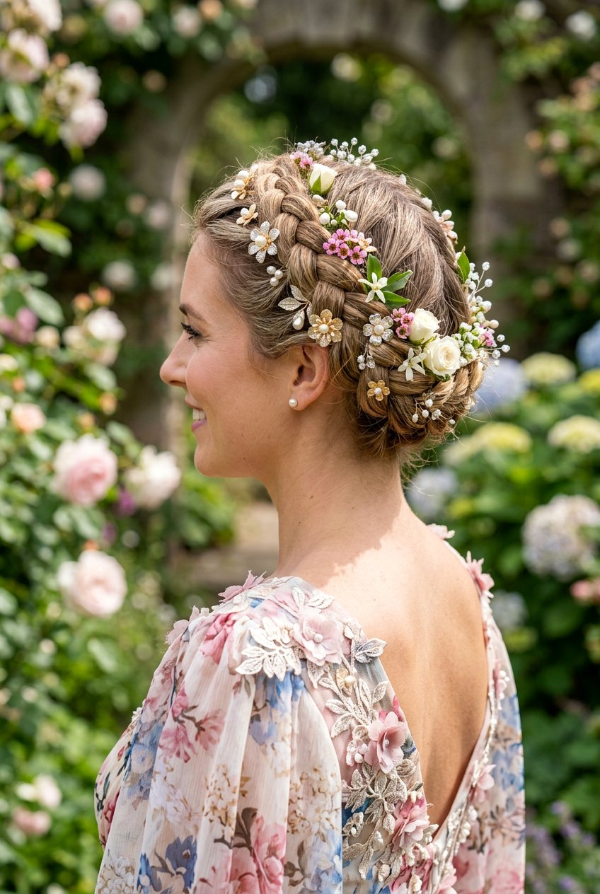Crown Braid With Mixed Floral Pins - 20 bridal hairstyle with floral pins - 20 bridal hairstyle with floral pins
