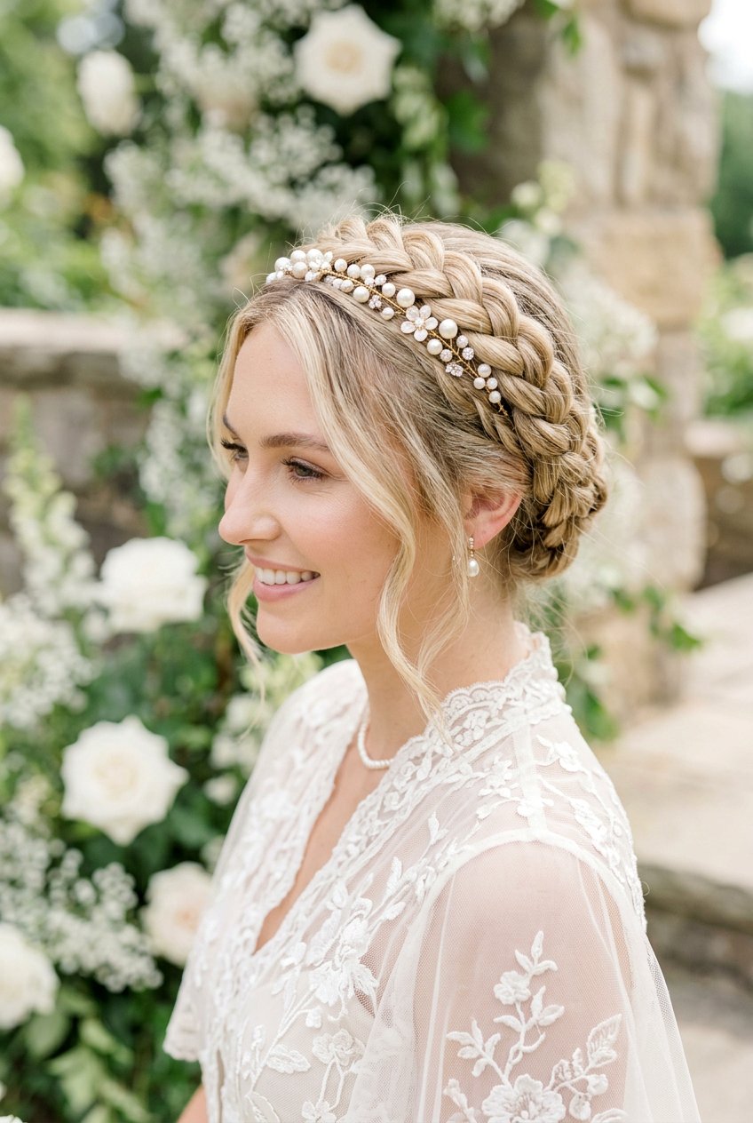 Crown Braid With Pearl Headband - 20 bridal hairstyle with pearl headband - 20 bridal hairstyle with pearl headband
