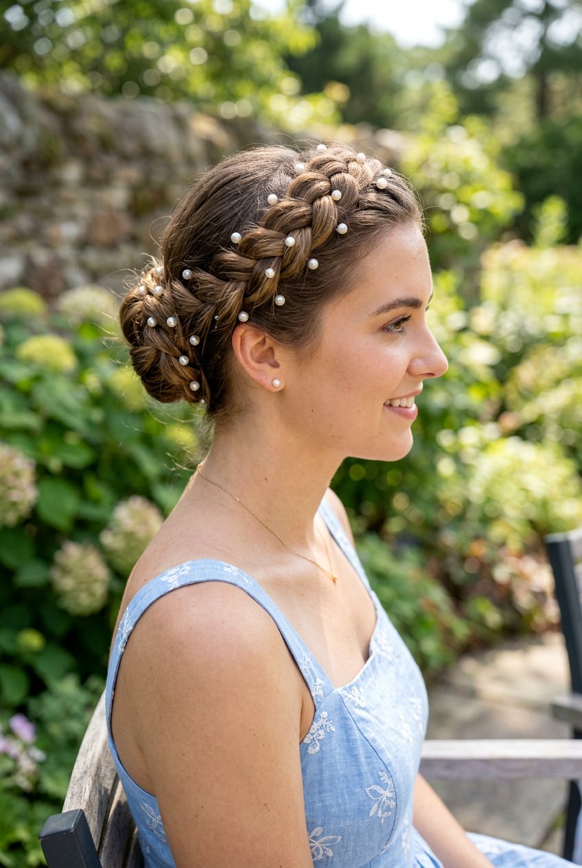 Crown Braid With Pearl U Pins - 20 school hairstyle with pearl clips - 20 school hairstyle with pearl clips