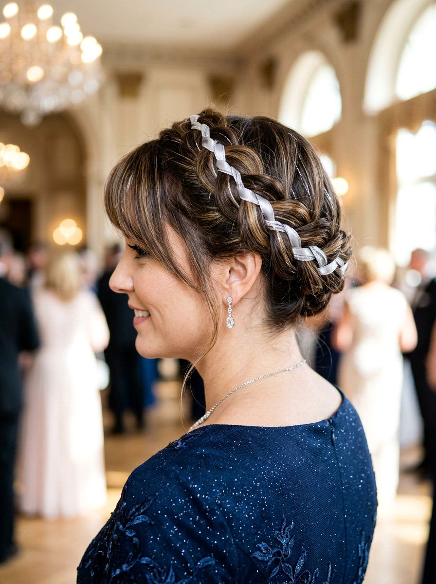 Crown Braid With Silver Ribbon - 20 silver ribbons for shoulder length hair - 20 silver ribbons for shoulder length hair
