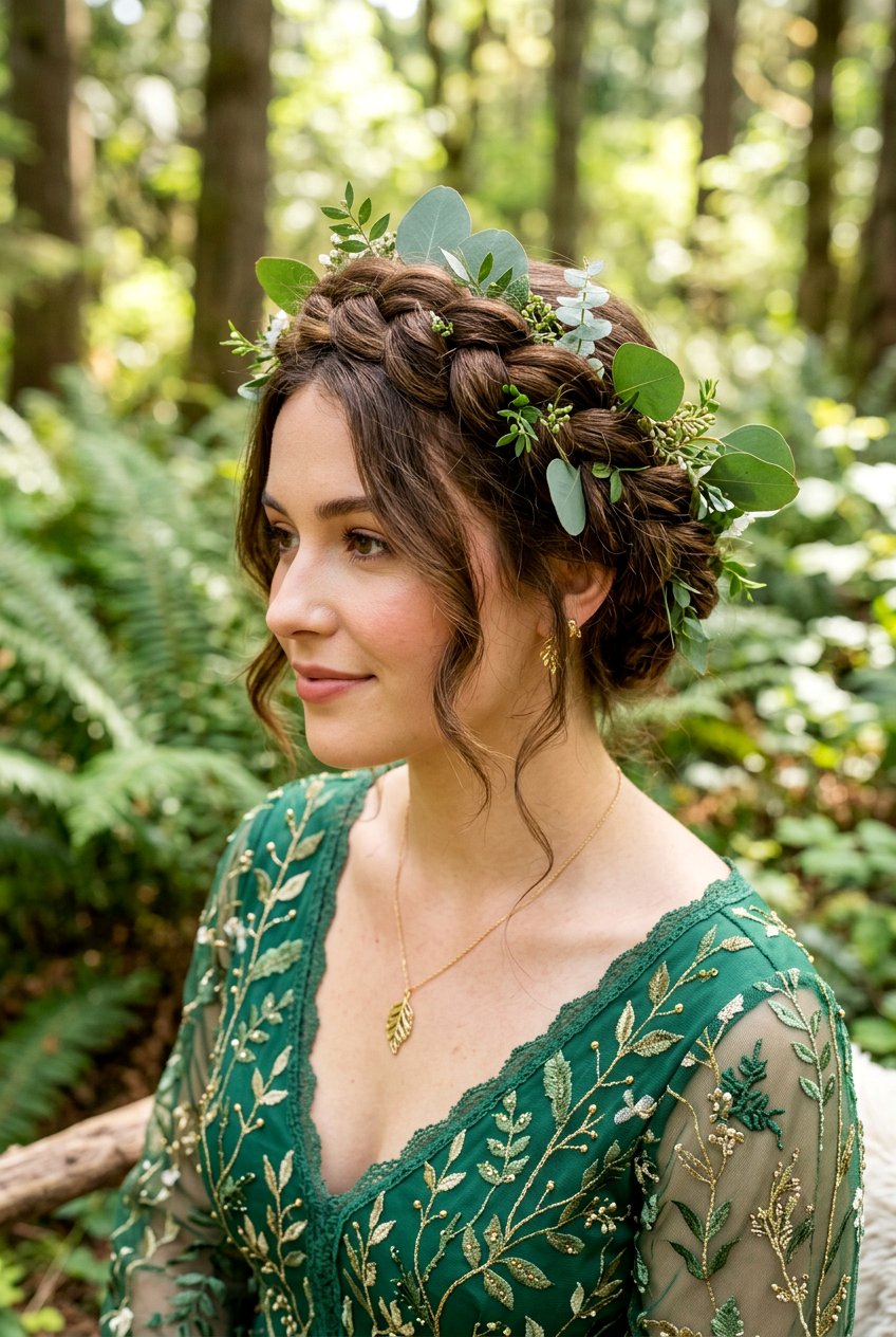 Crown Braid with Greenery - 20 bridal hairstyle for thick wavy hair - 20 bridal hairstyle for thick wavy hair