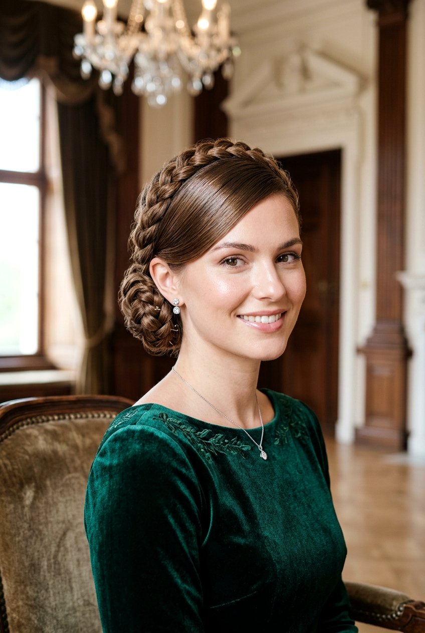 Crown Braided Bun With Polished Swoop - 20 braided bun with swoop bangs - 20 braided bun with swoop bangs