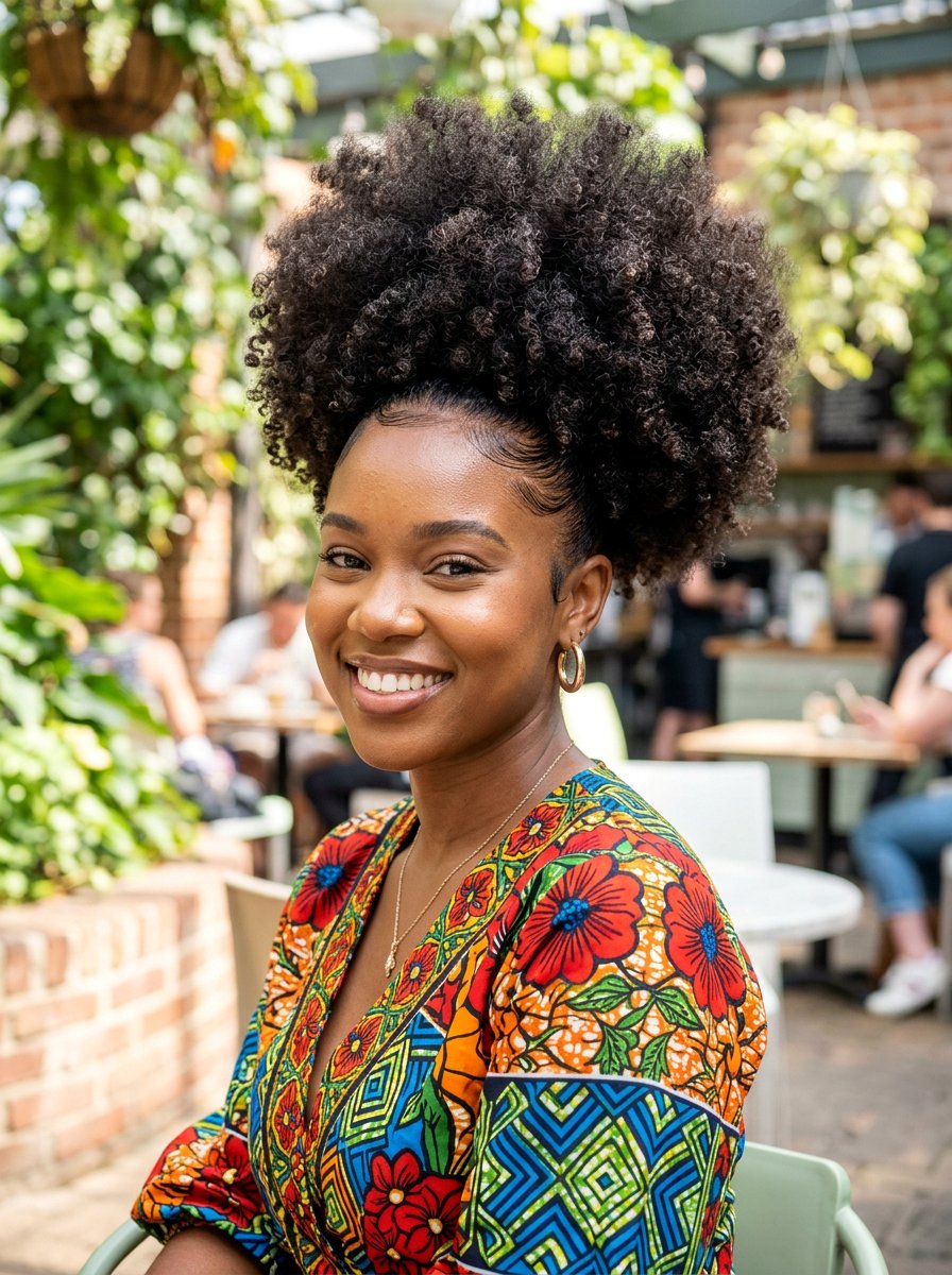 Curly Afro Puff - 20 vacation hairstyle for cruise nights - 20 vacation hairstyle for cruise nights