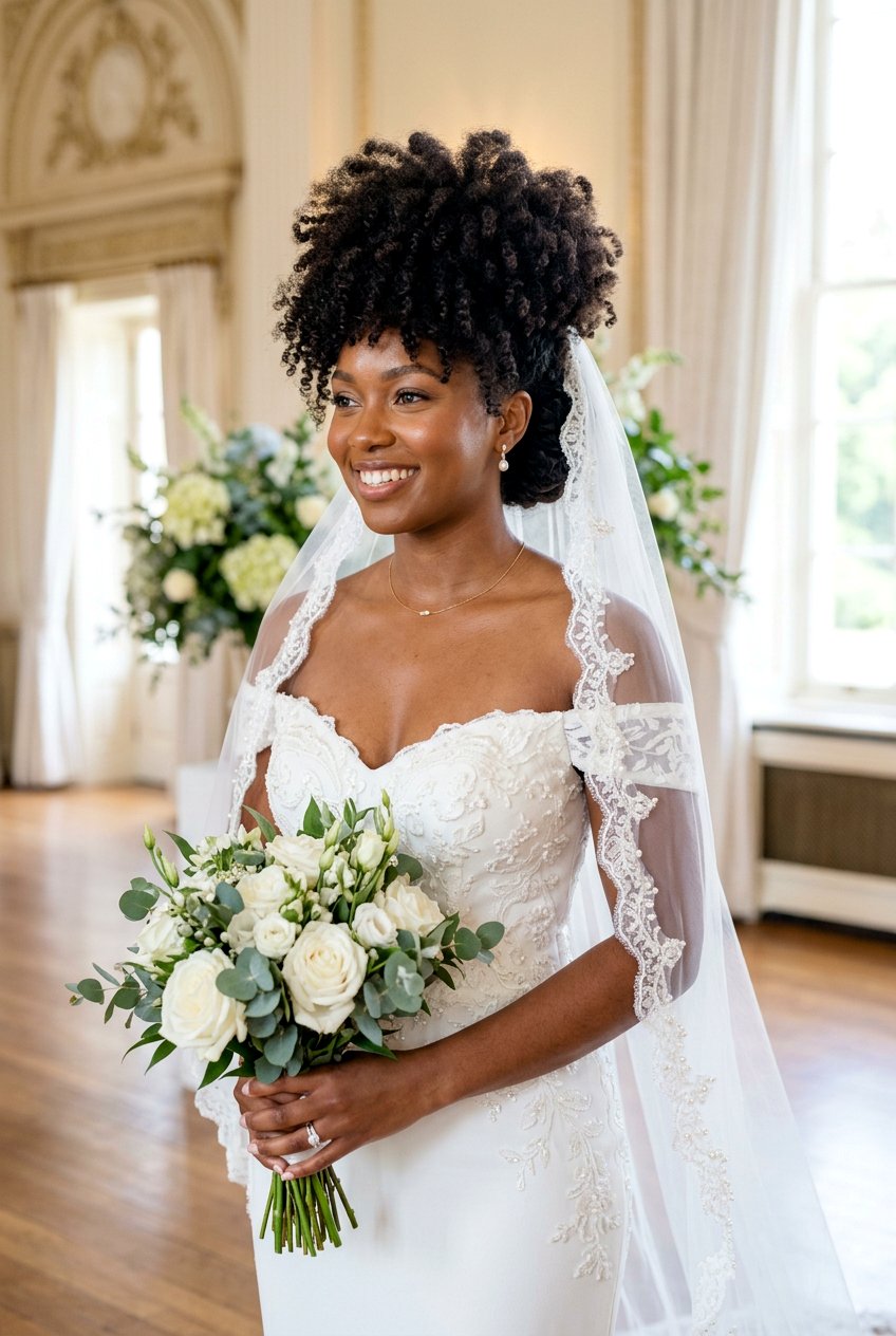 Curly Afro Updo With Veil - 20 bridal hairstyle for thick hair with veil - 20 bridal hairstyle for thick hair with veil