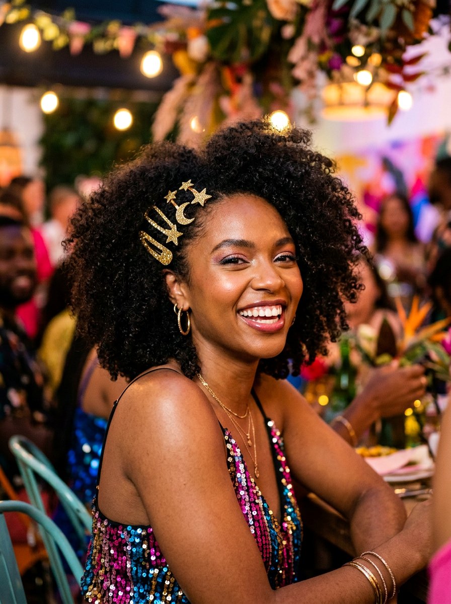 Curly Afro With Glitter Clips - 20 party hairstyle with glitter clips - 20 party hairstyle with glitter clips