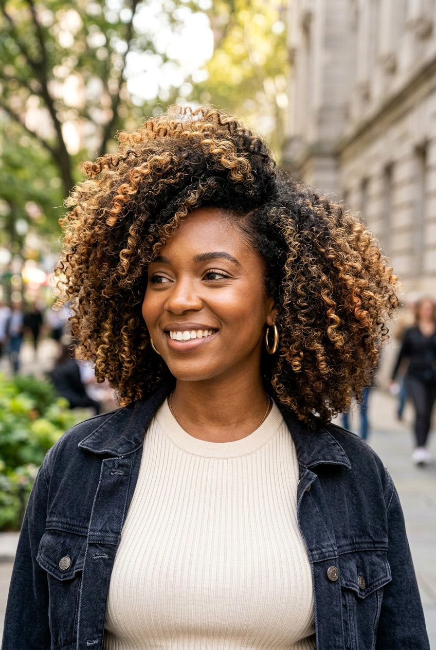 Curly Afro with Deep Side Part and Highlights - 20 afro with side part hairstyle - 20 afro with side part hairstyle