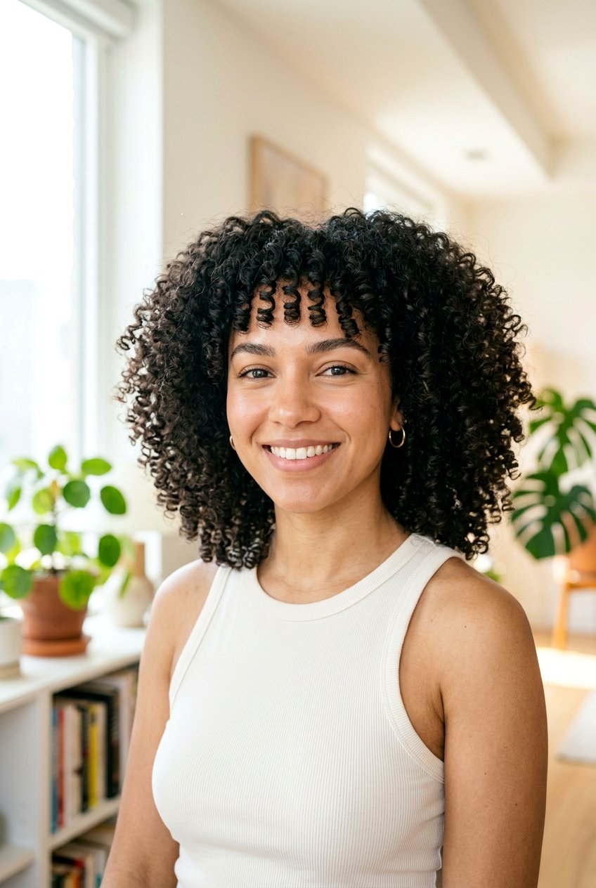 Curly Baby Bangs With Rounded Cut - 20 baby bangs haircut for women - 20 baby bangs haircut for women