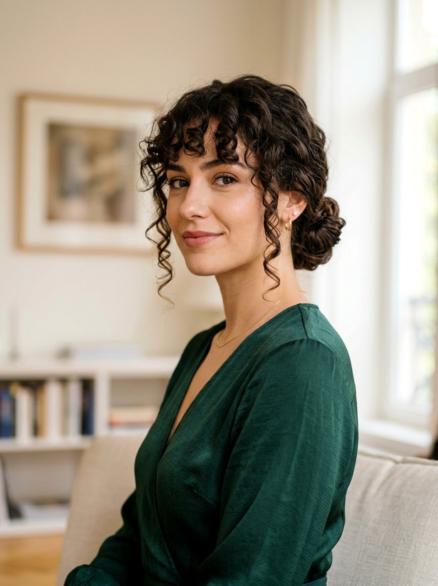 Curly Bangs With Low Bun - 20 interview hairstyle for curly natural hair - 20 interview hairstyle for curly natural hair