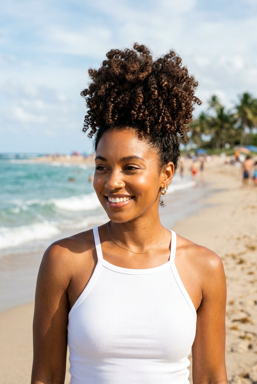 Curly Beach Bun For Natural Hair - 20 beach bun hairstyle - 20 beach bun hairstyle
