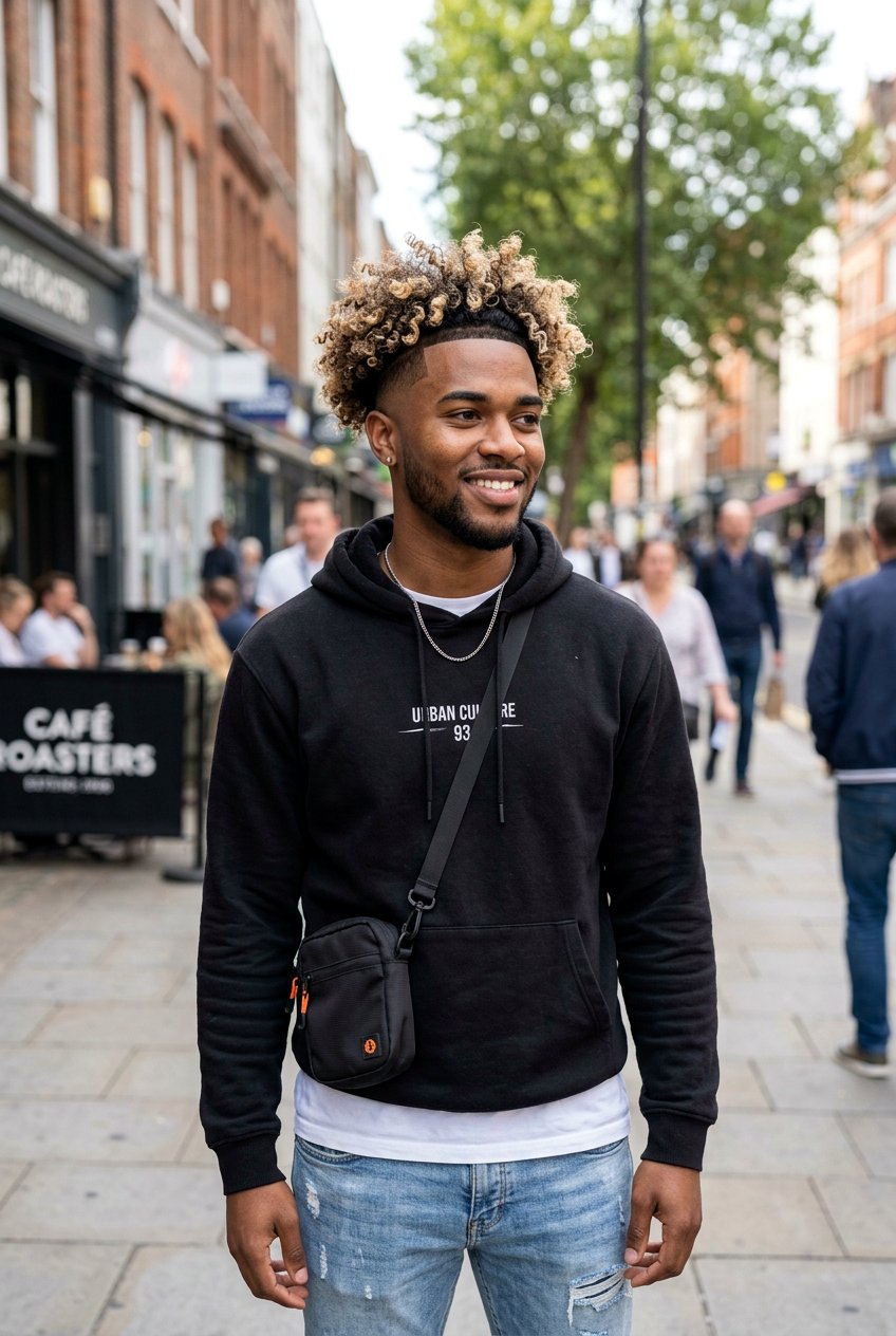 Curly Blowout Taper with Blonde Highlights - 20 curly taper cut with blonde highlights - 20 curly taper cut with blonde highlights