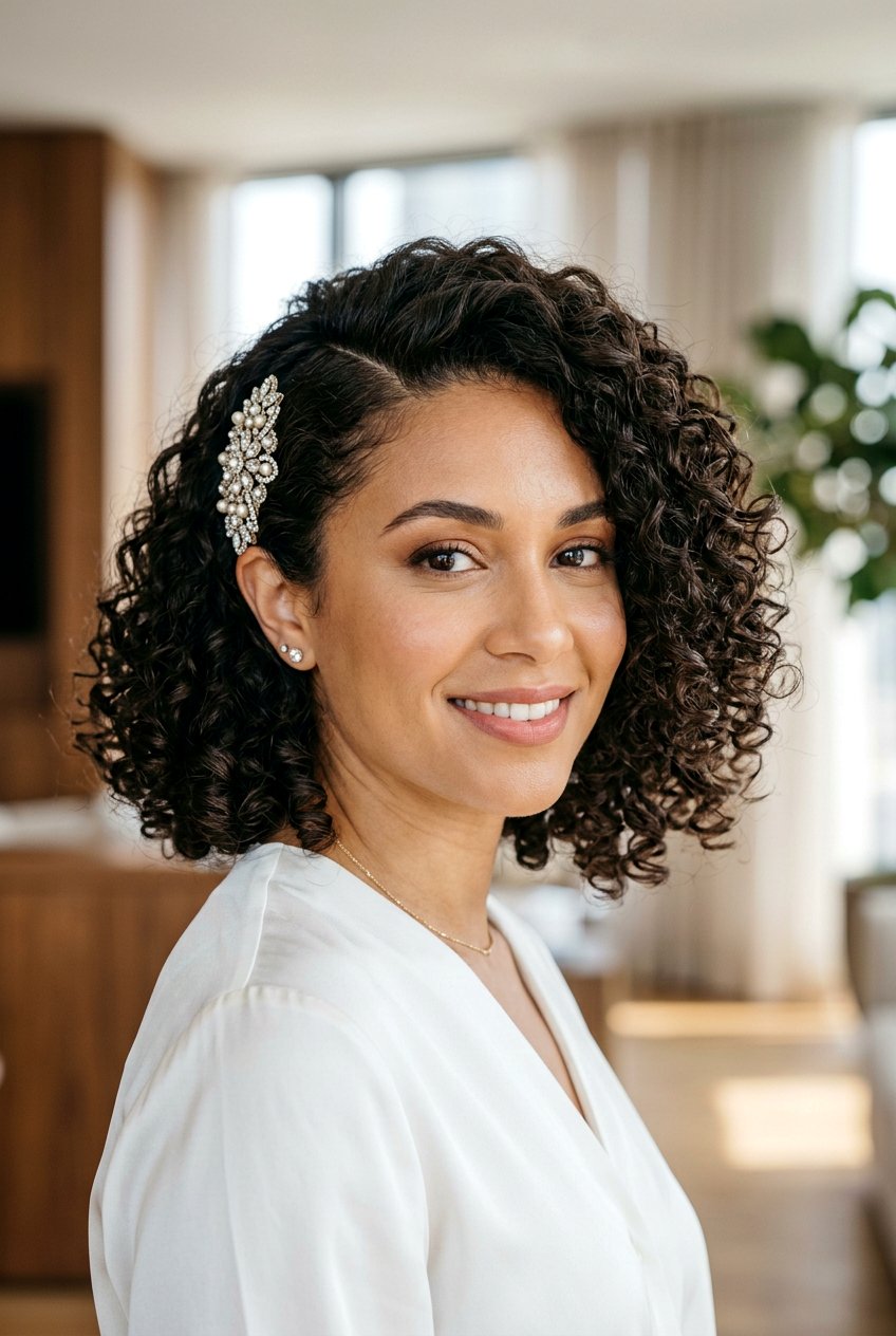 Curly Bob with Deep Side Part - 20 wedding guest hairstyles for short hair - 20 wedding guest hairstyles for short hair