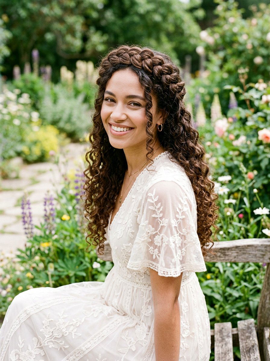 Curly Braided Crown Hairstyle - 20 date night hairstyle for curly hair women - 20 date night hairstyle for curly hair women