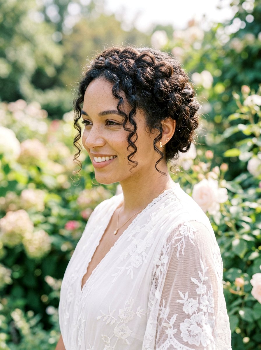 Curly Braided Crown Updo - 20 soft glam hairstyle for curly hair - 20 soft glam hairstyle for curly hair