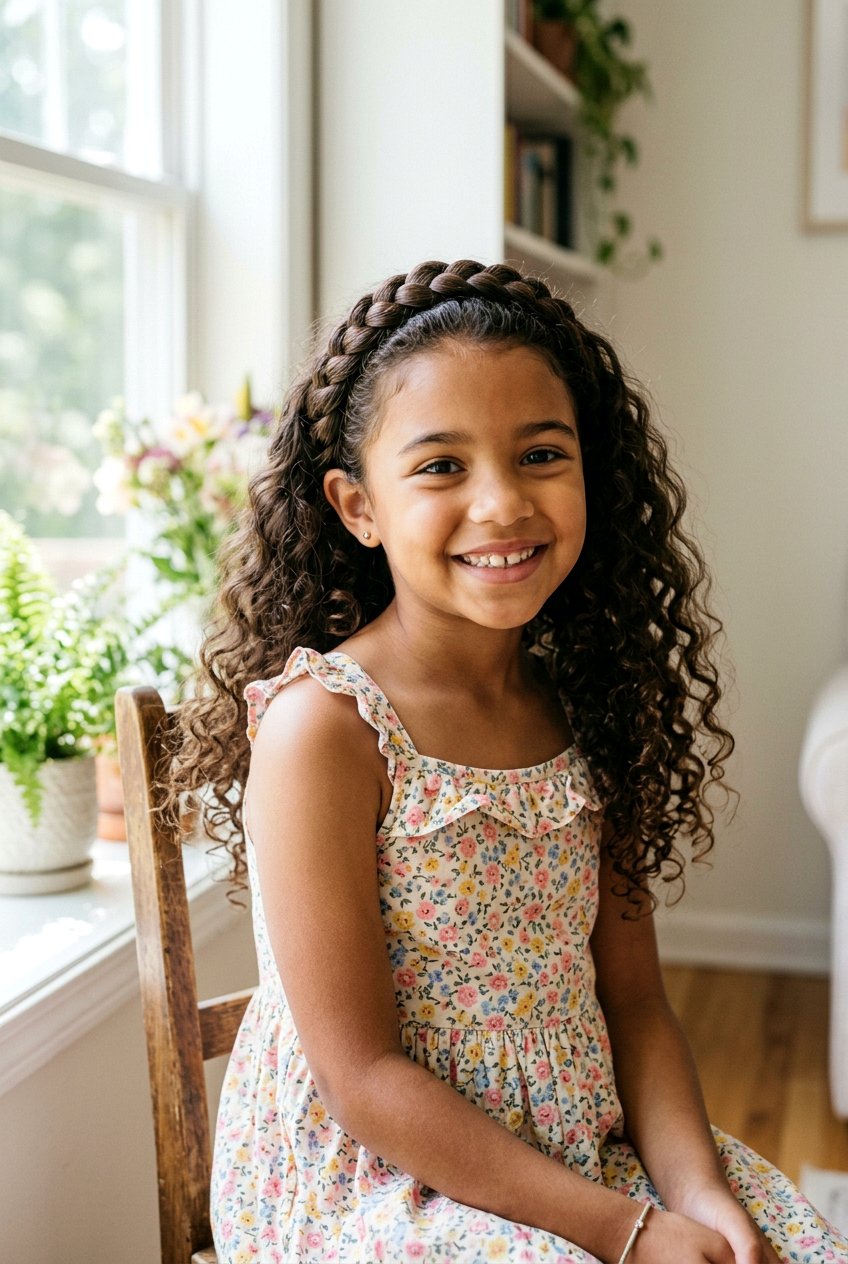 Curly Braided Headband With Loose Curls - 20 flower girl hairstyles with curls - 20 flower girl hairstyles with curls