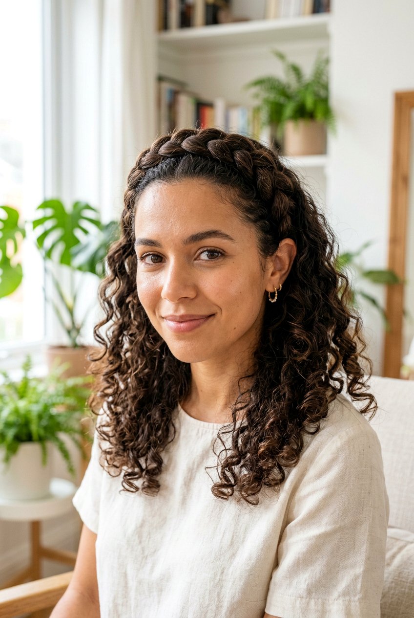 Curly Braided Headband - 20 everyday curls hairstyle - 20 everyday curls hairstyle