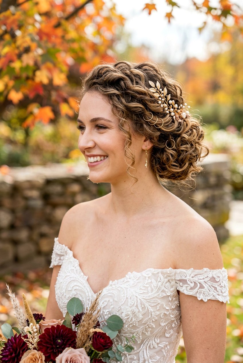 Curly Bridal Asymmetrical Updo - 20 bridal hairstyle for curly veil look - 20 bridal hairstyle for curly veil look
