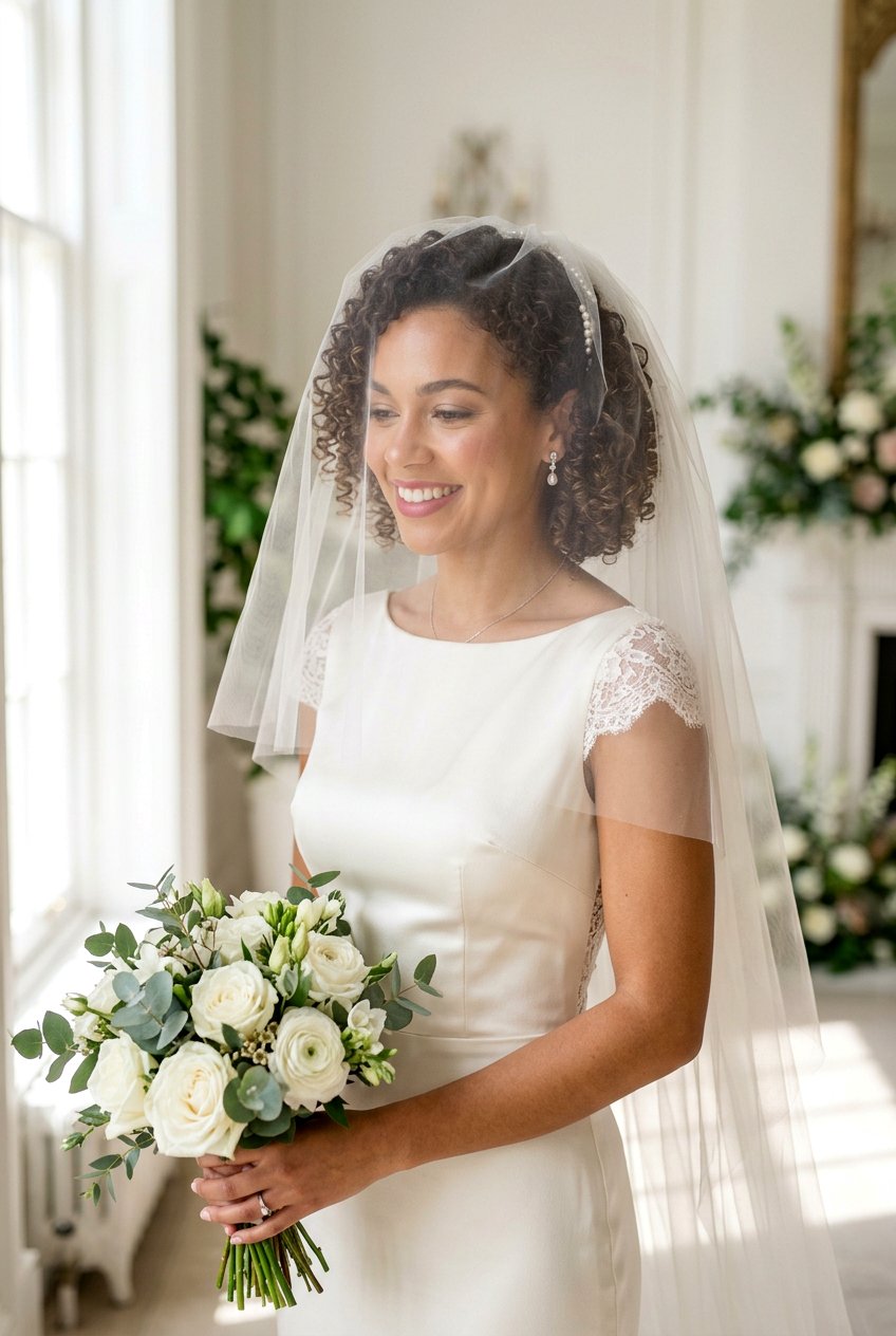 Curly Bridal Bob With Veil - 20 bridal hairstyle for shoulder length curls - 20 bridal hairstyle for shoulder length curls