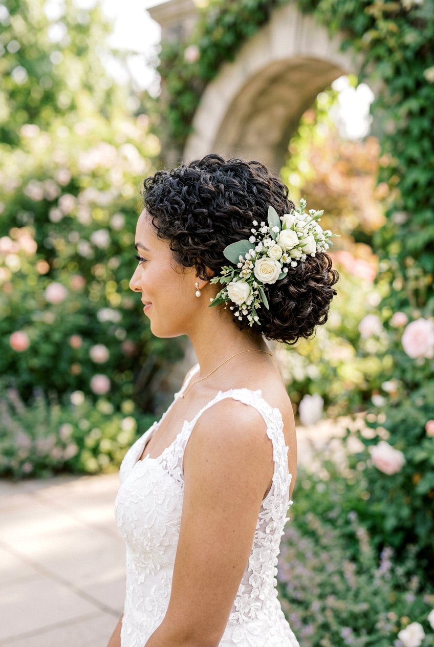 Curly Bridal Bun With Floral Cluster - 20 wedding bun with flowers - 20 wedding bun with flowers