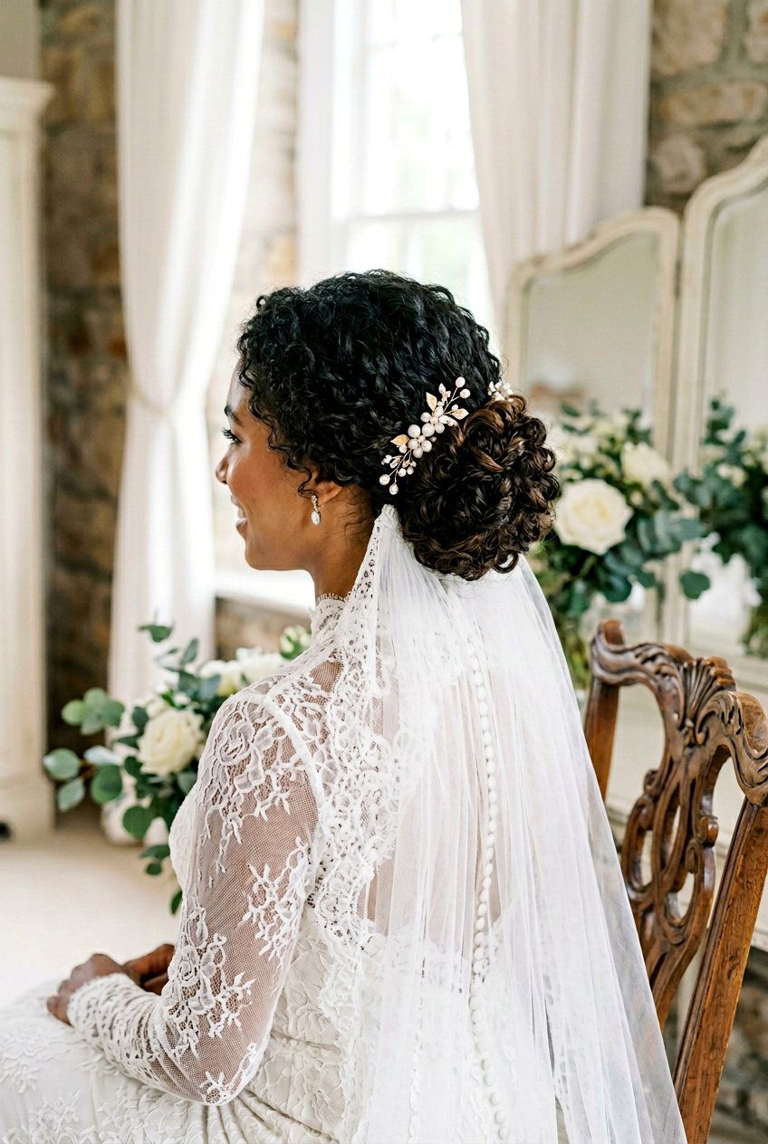 Curly Bridal Bun With Veil - 20 wedding hairstyles for curly natural hair - 20 wedding hairstyles for curly natural hair