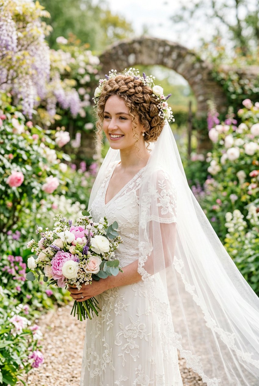 Curly Bridal Crown Braid With Veil - 20 bridal hairstyle for curly veil look - 20 bridal hairstyle for curly veil look