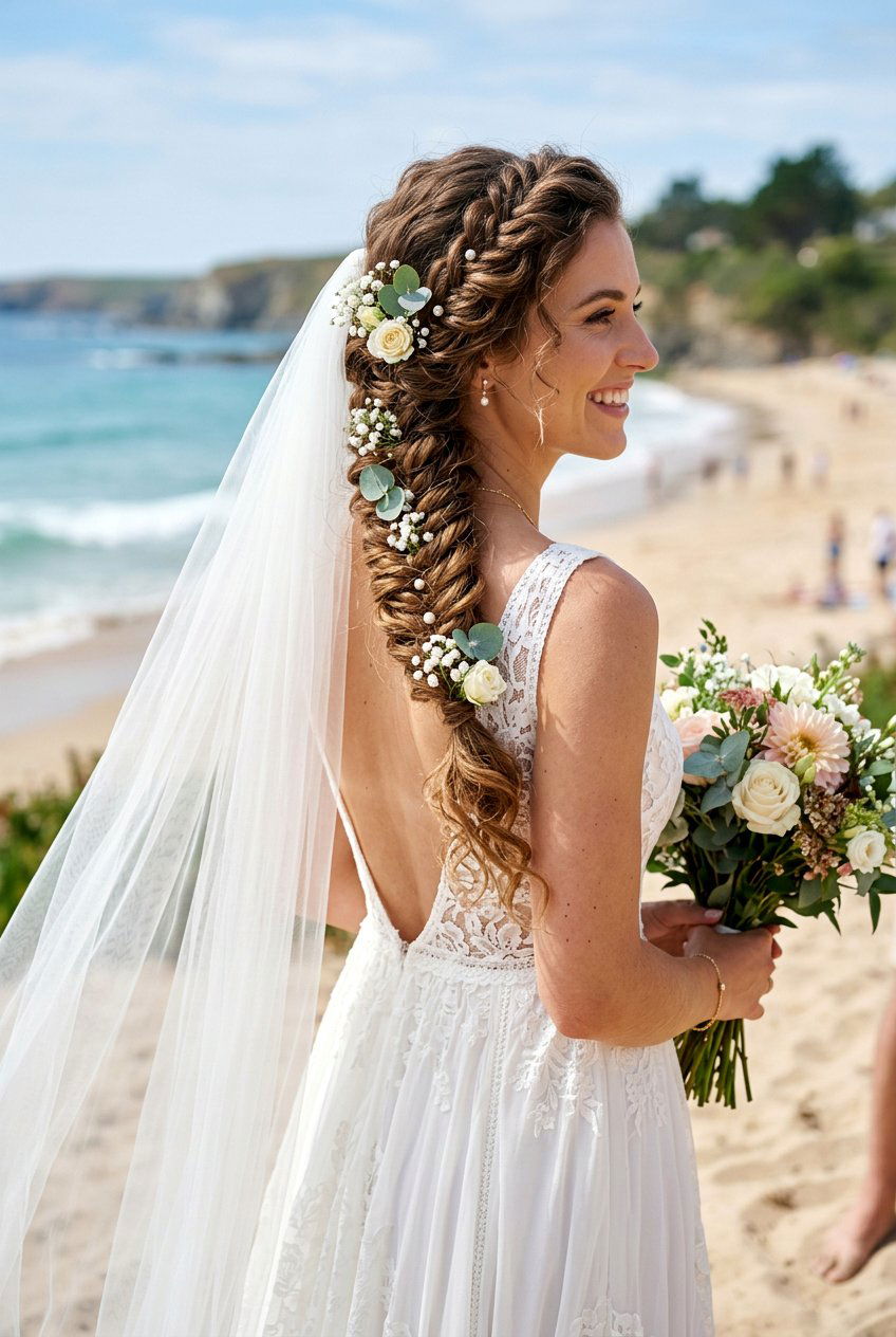 Curly Bridal Fishtail Braid With Veil - 20 bridal hairstyle for curly veil look - 20 bridal hairstyle for curly veil look