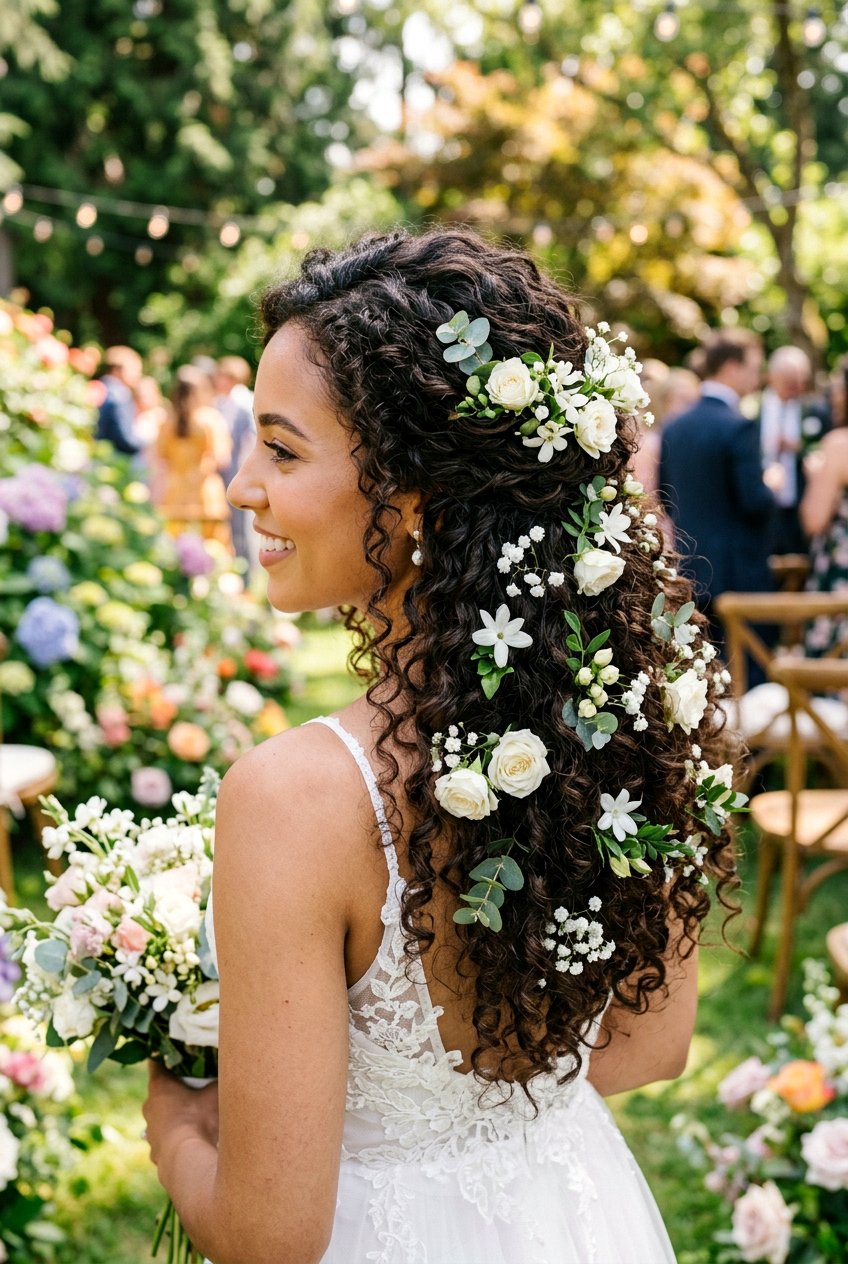 Curly Bridal Hair With Floral Accessories - 20 bridal hairstyle for shoulder length curls - 20 bridal hairstyle for shoulder length curls