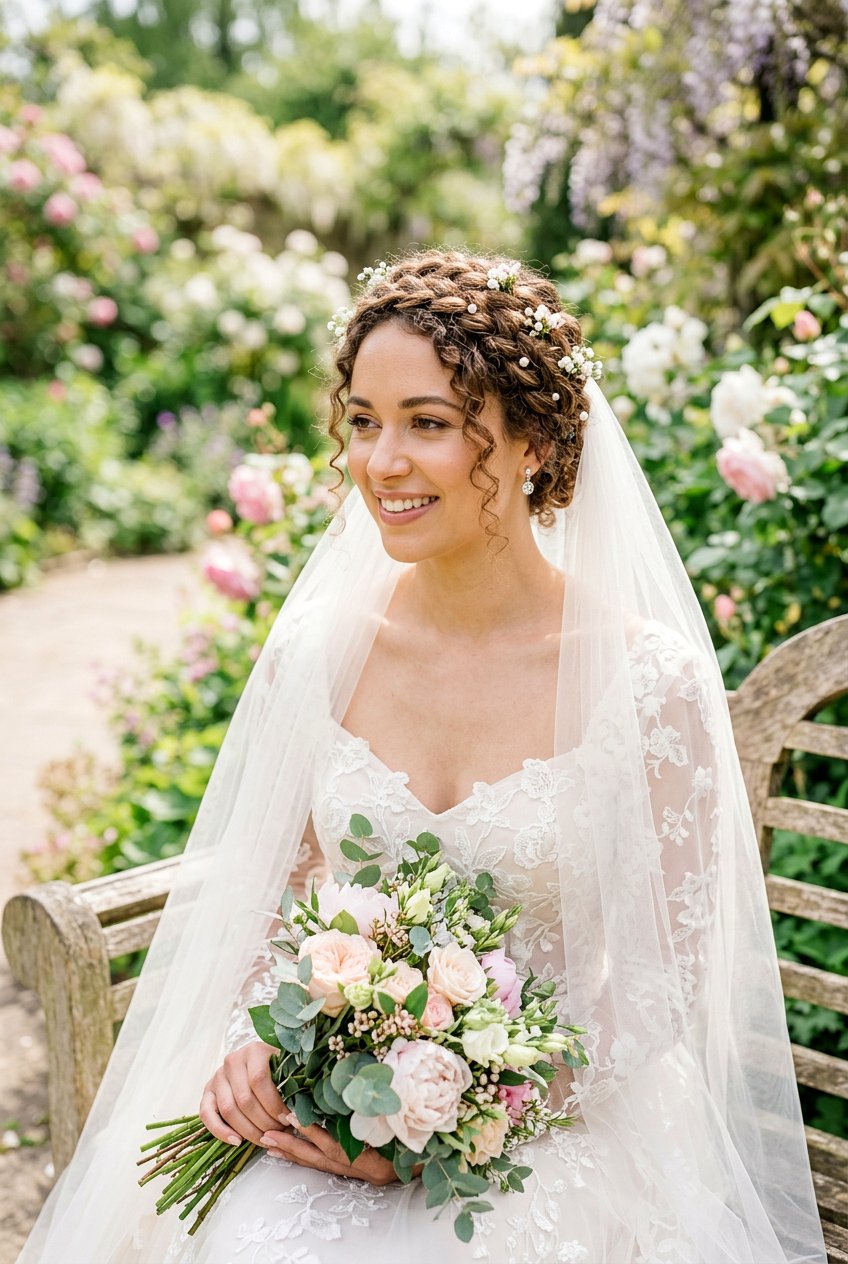 Curly Bridal Halo Braid With Veil - 20 bridal hairstyle for curly veil look - 20 bridal hairstyle for curly veil look