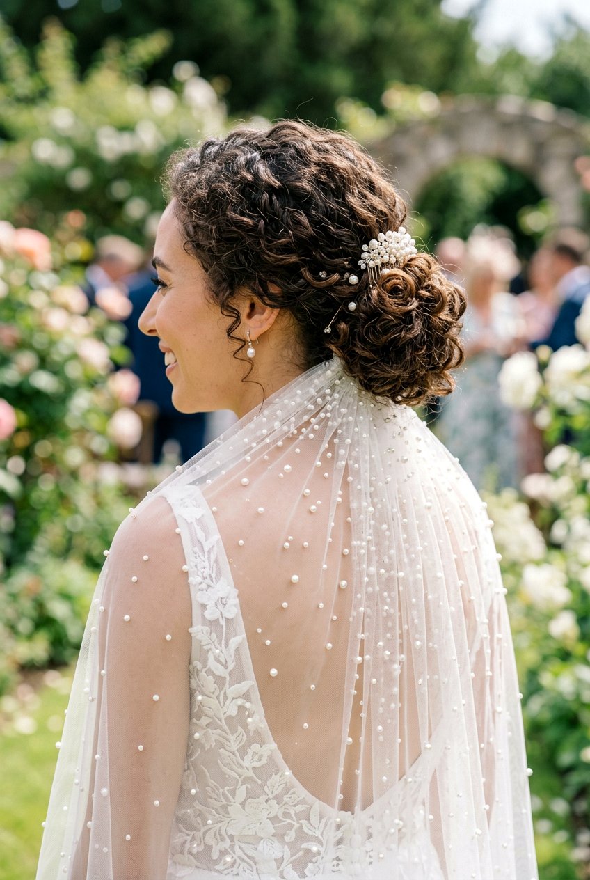 Curly Bridal Low Bun With Pearl Veil - 20 bridal low bun with pearl veil - 20 bridal low bun with pearl veil
